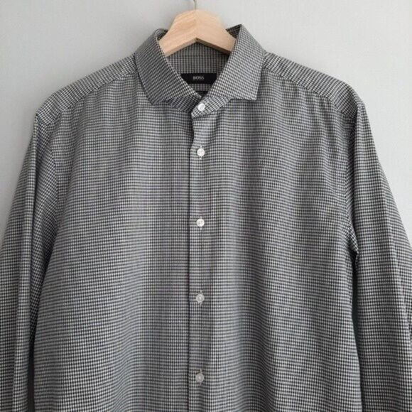 BOSS Jason Slim Fit B&W Checkered Pattern Button Down Shirt Men's Sz 16 1/2 - Picture 3 of 12